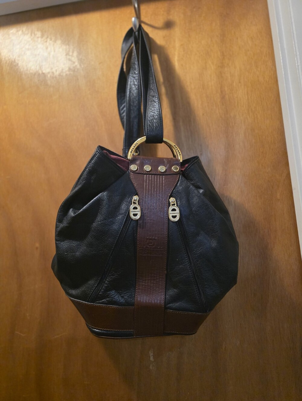 Black and Brown Leather Shoulder Bag with Gold Accents DELANY